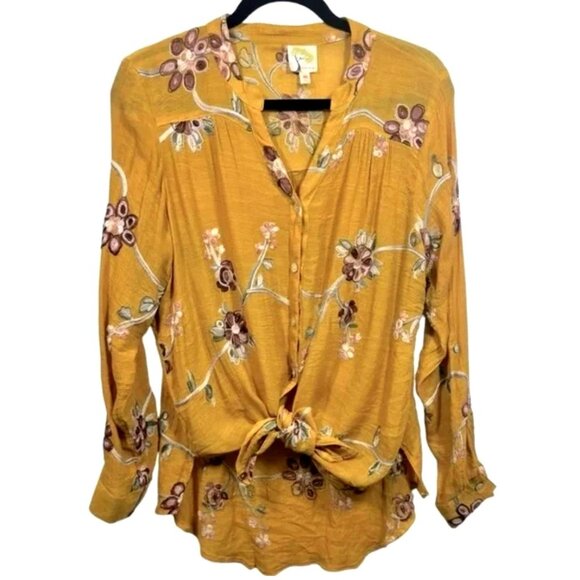 Anthropologie Figuera Flower Gold Floral Embroidered Roll Tab Top Shirt Blouse S - Picture 7 of 10